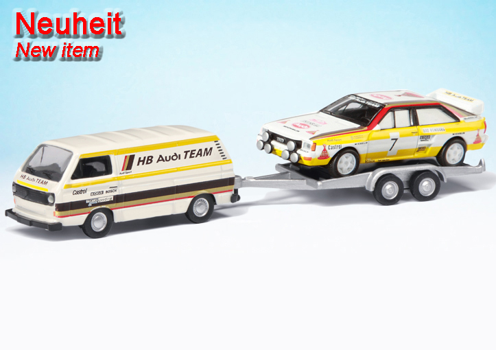 VW T3a Kastenwagen mit PKW-Anhänger und Audi Sport quattro A2 HB Audi  Team, Edition 1:87, Schuco Neuheiten 2023/2024, Schuco